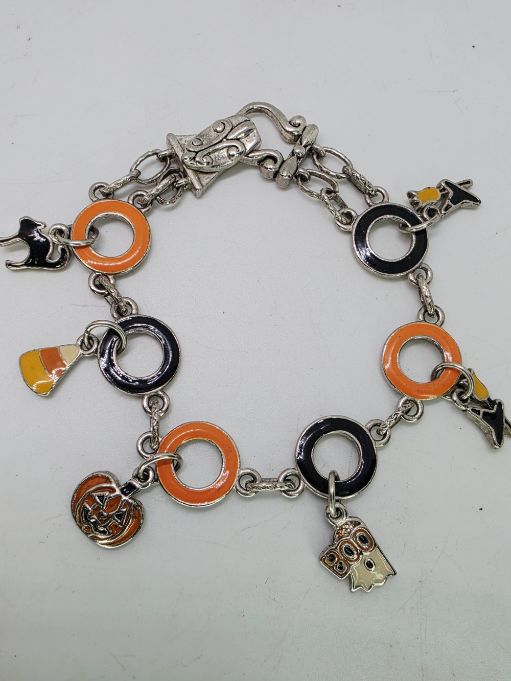 Vintage Halloween Charm Bracelet Silver Tone Enamel Ghost Witch Hat Cat Pumpkin